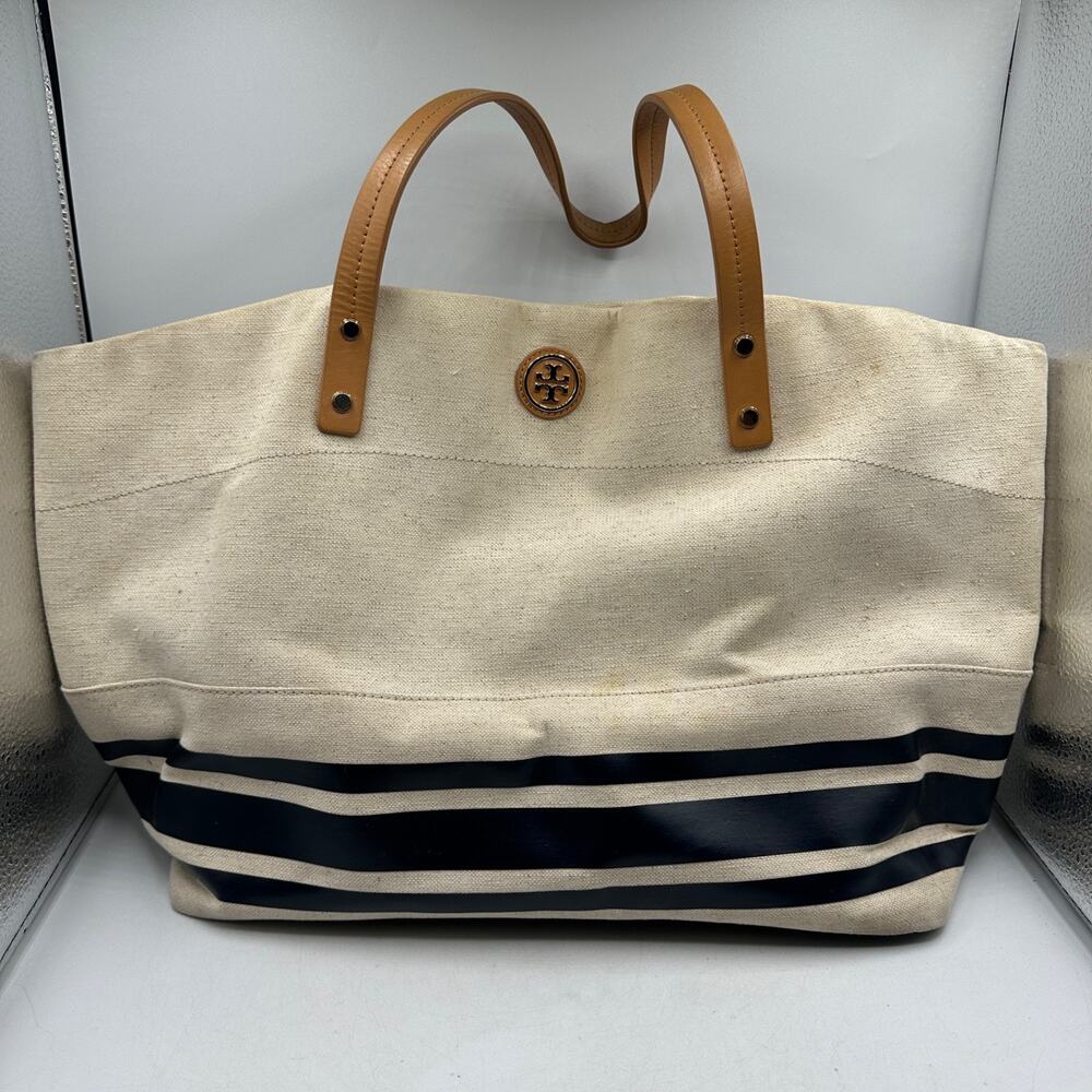 Tory Burch Natural & Navy Blue Stripe Theresa Canvas Tote Purse Bag